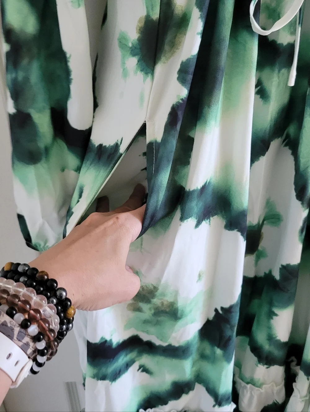 NWT Green/White Tie-Dye Floral Long Sleeve Boho Maxi Dress (SIZE S) - Picture 8 of 15